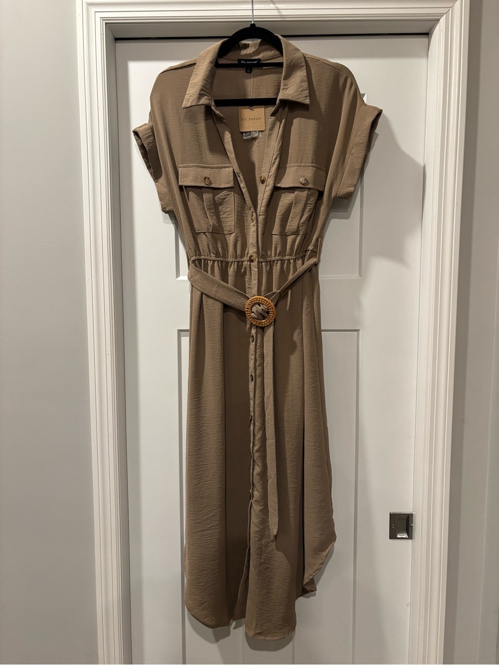 Blu Pepper Taupe Button-Front Shirtdress with Woven Buckle